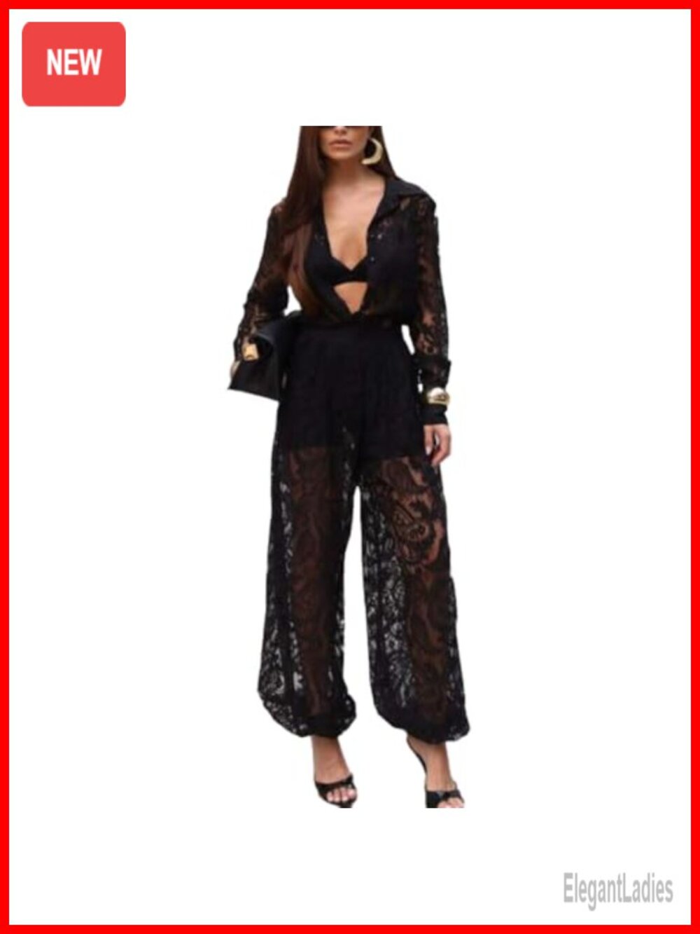 Lace See Through Two Piece Set Long Sleeve Lapel V Neck Top High Waist Harem